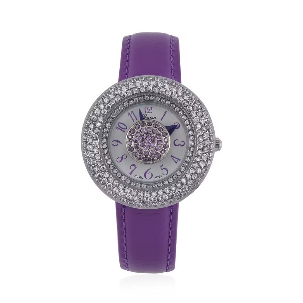 Stunning Purple & White Simulated Diamond Watch in Silvertone with Leather Strap